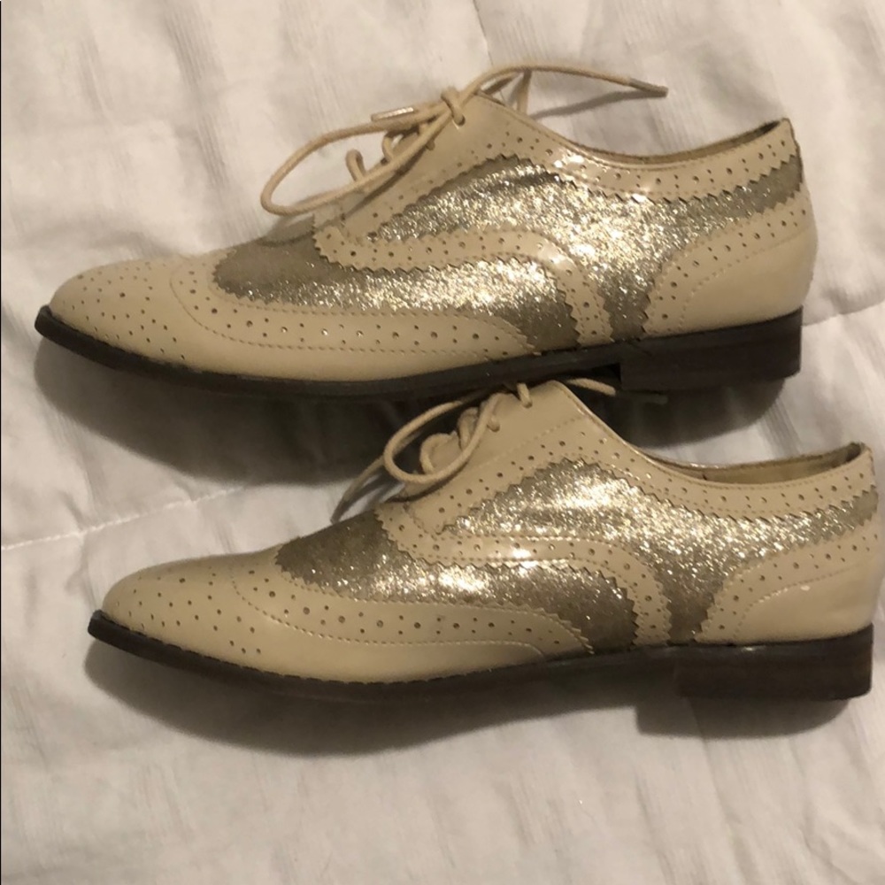 Gold and Nude patent oxford loafers